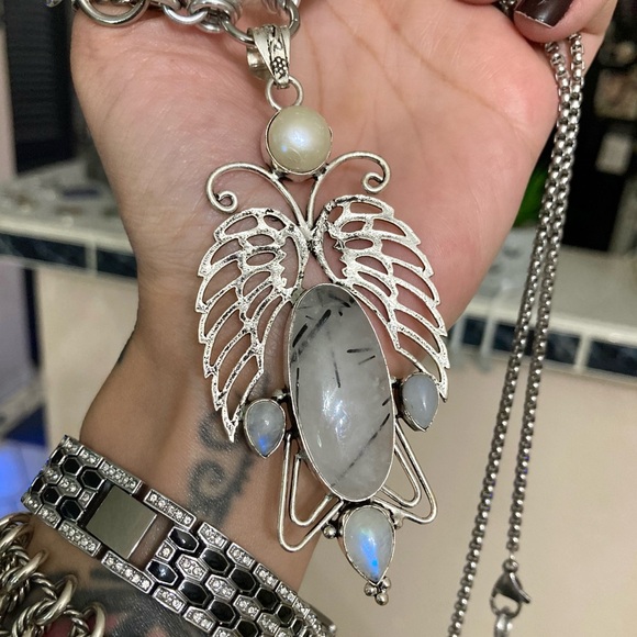 925 sterling silver overlay butterfly iridescent moonstone & quartz gem necklace - Picture 10 of 12